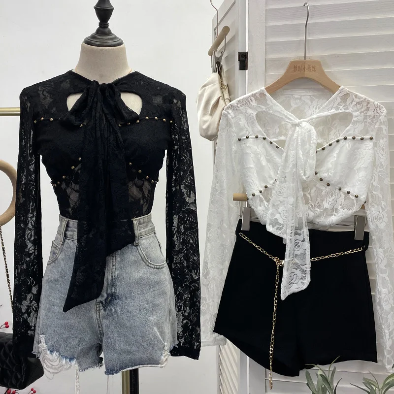 Uveng Explosion Real Shot Design Lace Ribbon Hollow Long Sleeve Top Sexy Slimming Bottom T-Shirt 8979