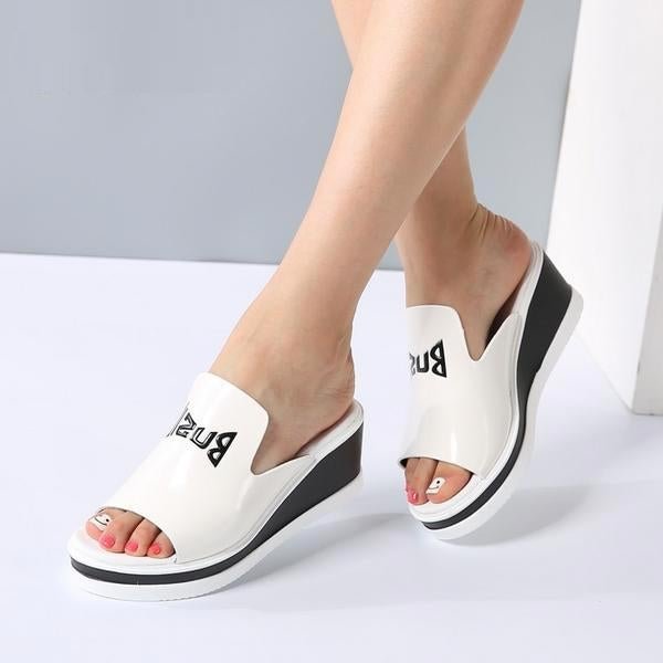 Women Mules Sandals Wedge Platform Patent Leather Slip On High Heels Sandals