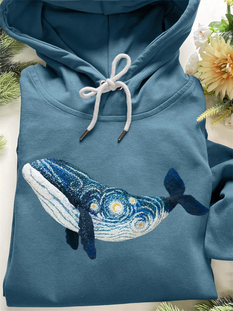 Starry Night Inspired Whale Embroidery Art Cozy Hoodie