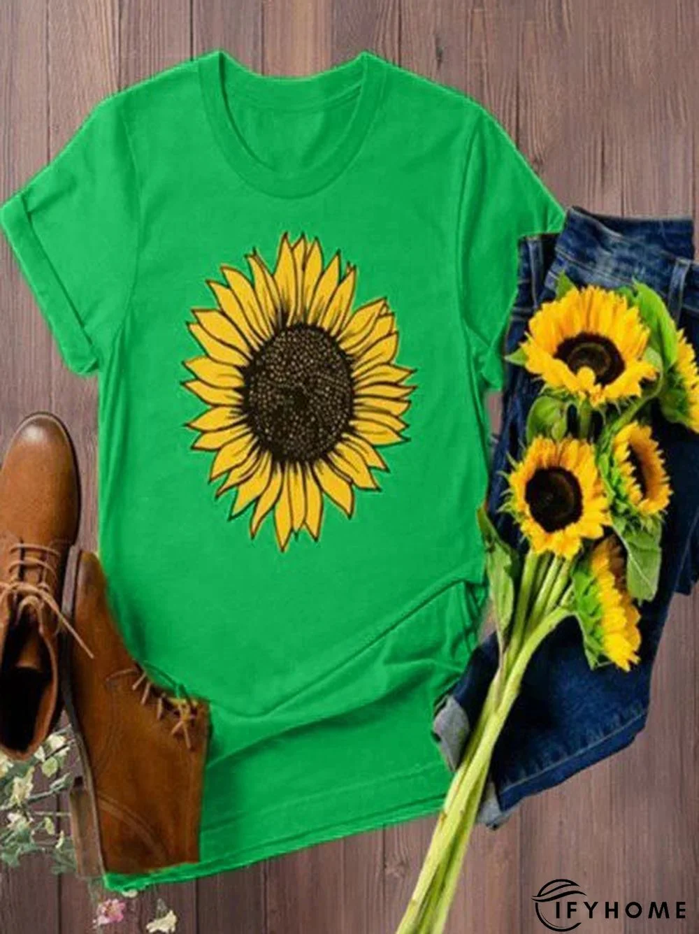 Vintage Short Sleeve Sunflower Printed Casual Top | IFYHOME