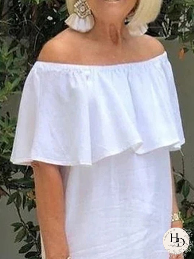 Casual Dress Cotton Linen Dress Shift Dress Midi Dress Cotton Blend Fashion Basic Outdoor Daily Vacation Off Shoulder Ruffle Short Sleeve Summer Spring Loose Fit White Plain S M L XL 2XL for Women