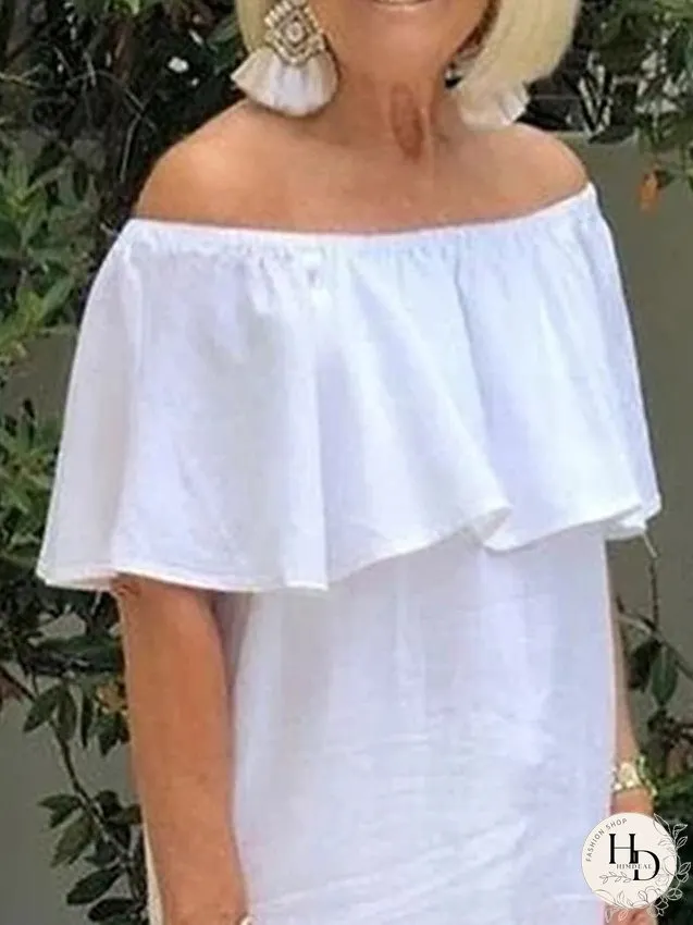 Casual Dress Cotton Linen Dress Shift Dress Midi Dress Cotton Blend Fashion Basic Outdoor Daily Vacation Off Shoulder Ruffle Short Sleeve Summer Spring Loose Fit White Plain S M L XL 2XL for Women