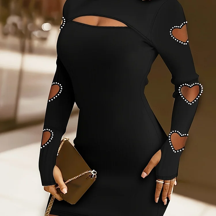 Solid Heart Cut Out Dress, Long Sleeve Mock Neck Elegant Dress, Women's Clothing