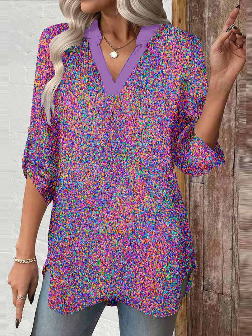 Women Red,Polka-Dot DZGA0326 3/4 Sleeve V-neck Printed Graphic Button Tops