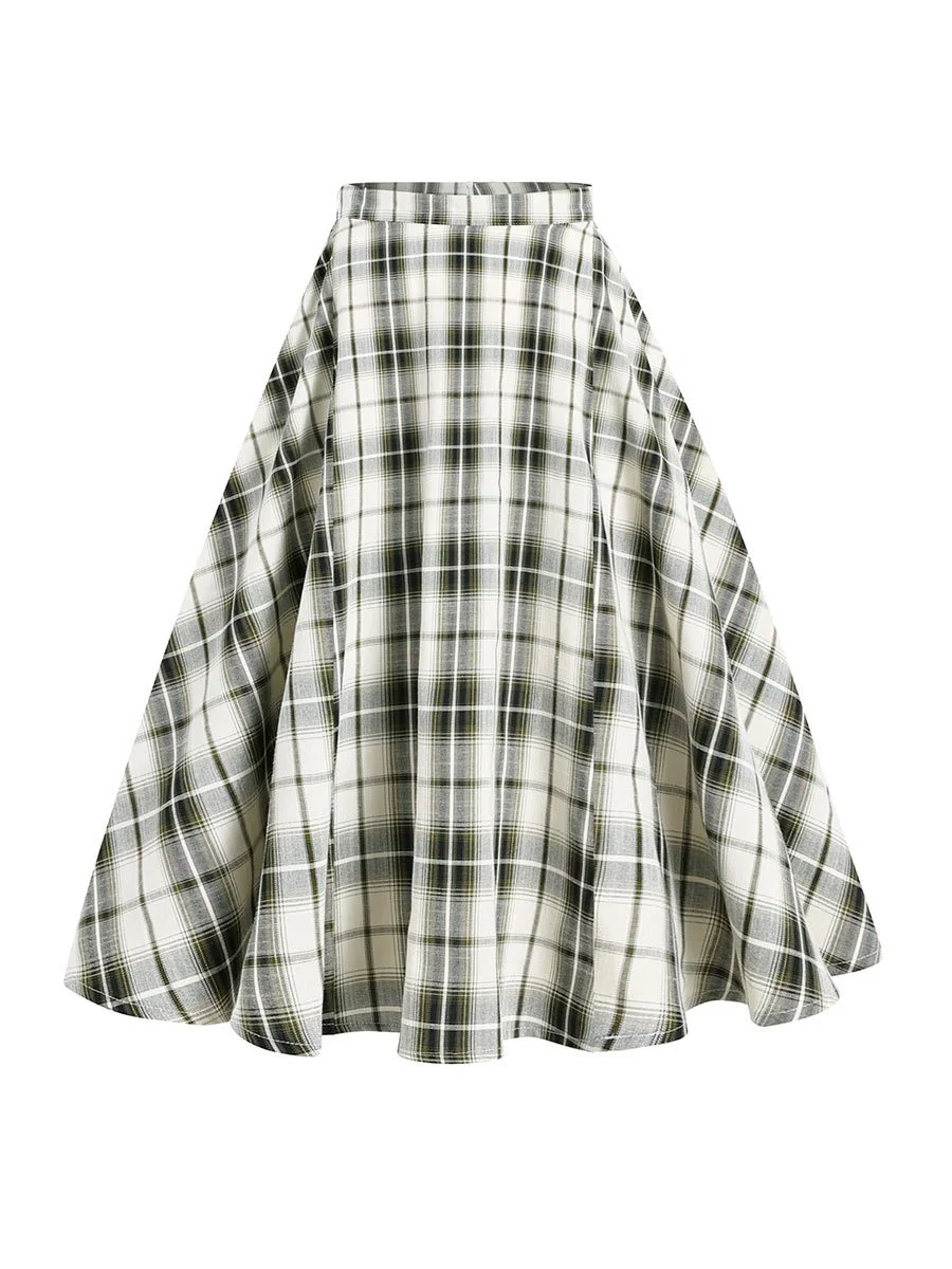 Women's Dress Hepburn Style Retro Plaid High Waist A-line Swing Midi Skirt