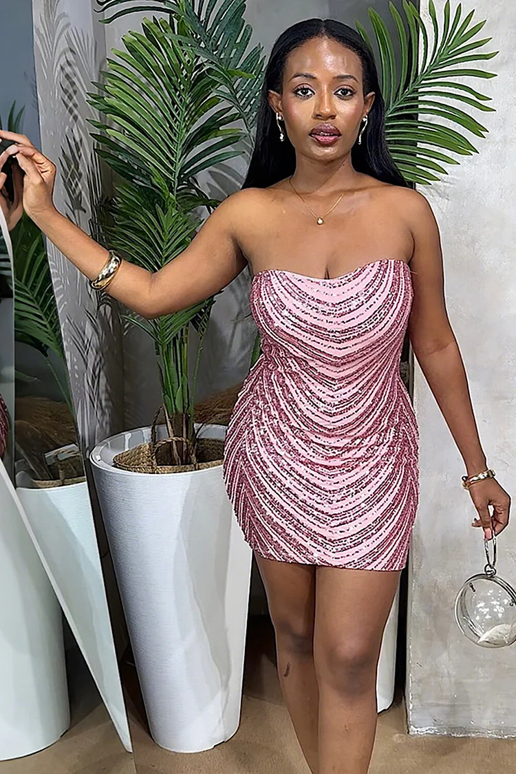 Sweetheart Neckline Strapless Sequin Bodycon Party Mini Dresses-Pink