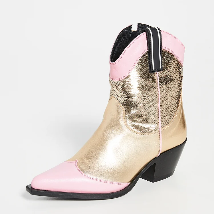 Gold and Pink Western Boots Sequined Ankle Boots with Zipper |FSJ Shoes