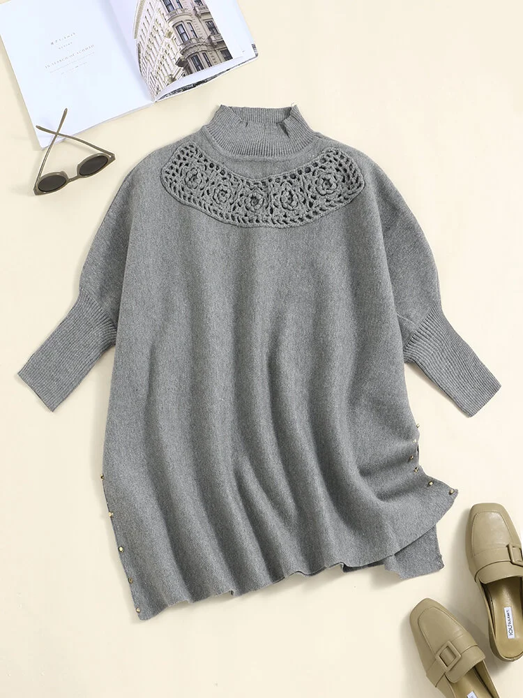 Nomadic Solid Loose Hollow Dolman Sleeve High Neck Cape Sweater