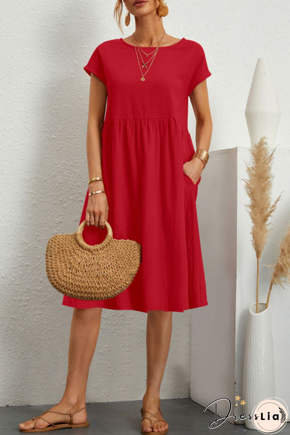 Casual Solid Patchwork O Neck A Line Short Sleeve Dress(11 Colors)