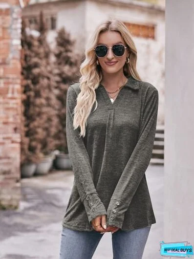 Decorative Button Johnny Collar Long Sleeve Blouse