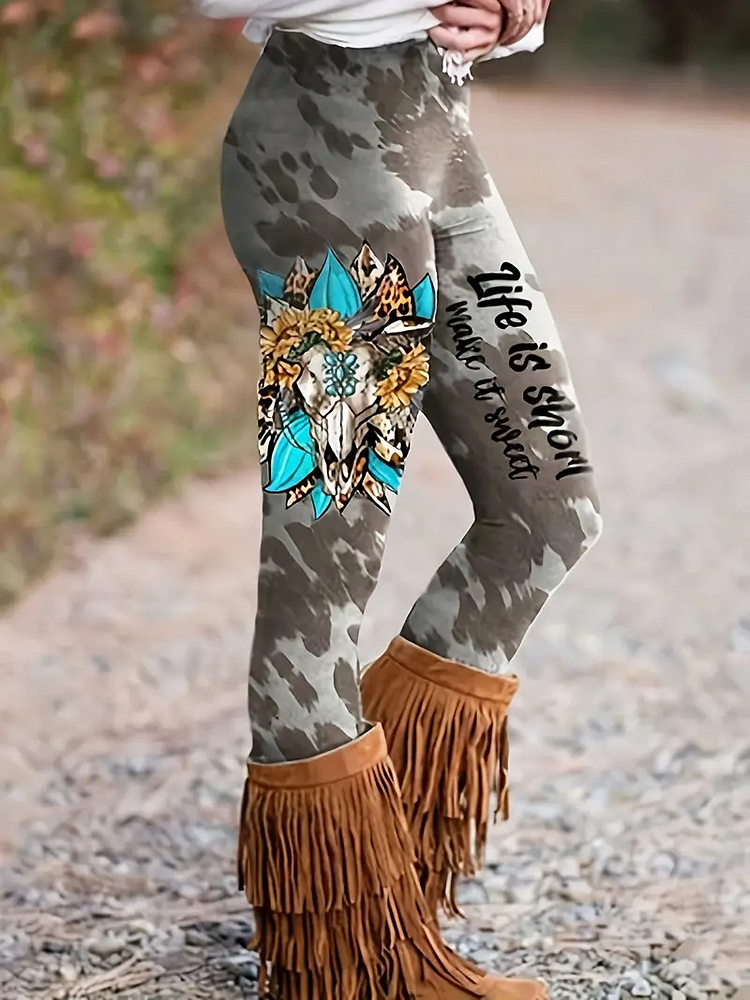 Western Bull Head Print Skinny Leggings
