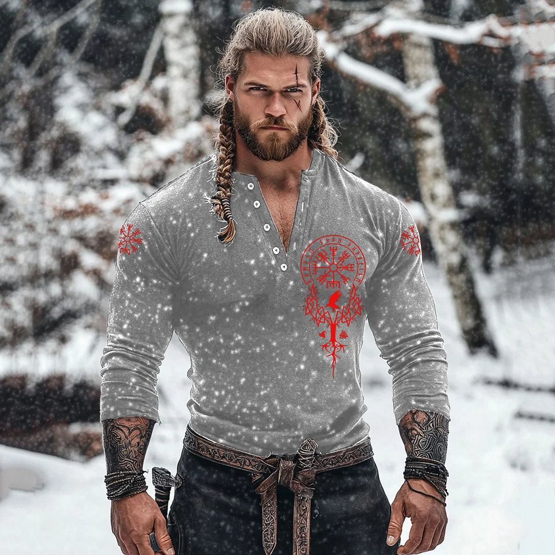 Men's Viking Tribe Basic Button V-neck Long Sleeve T-shirt