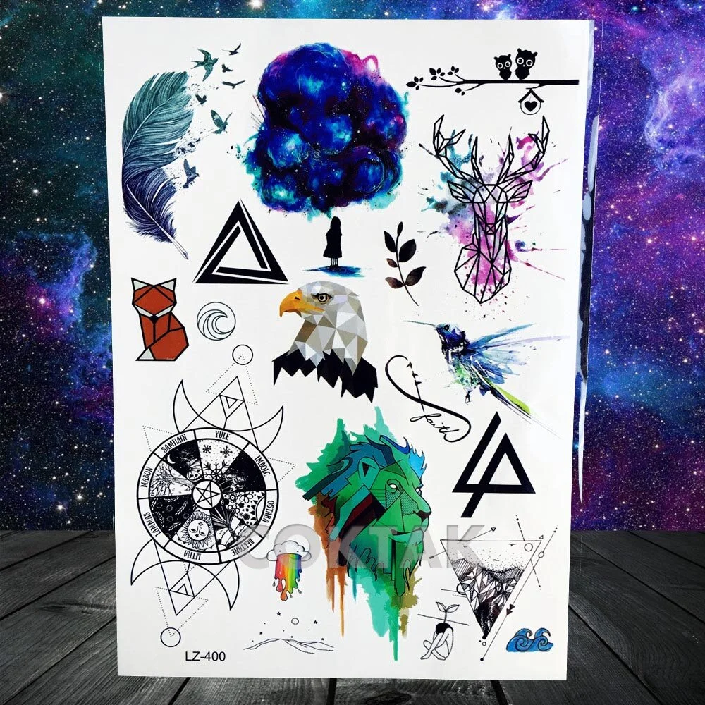 Fashion Space Temporary Tattoos For Kids Women Body Art Face Tatoos Realistic Fake Washable Geometric Flower Wolf Tattoo For Men