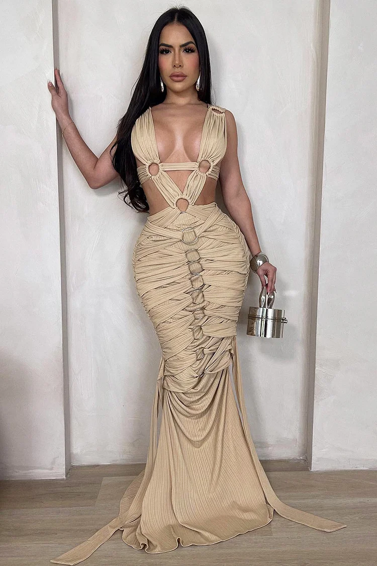 Deep V Neck Sleeveless Cut Out Irregular Buckle Wrapped Party Maxi Mermaid Dresses-Beige [Pre Order]