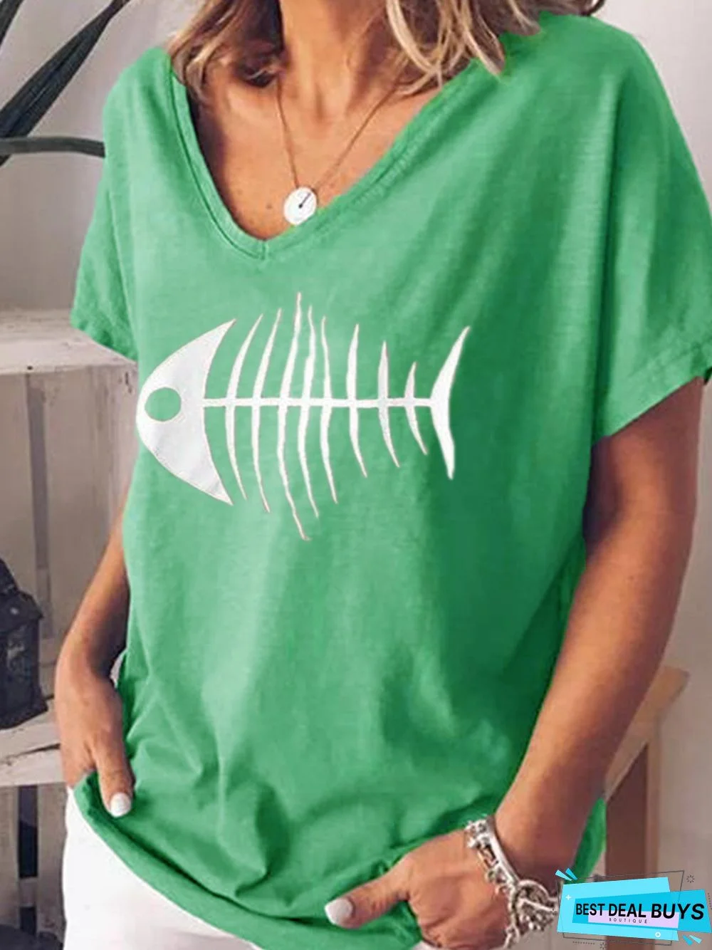 Cotton-Blend V Neck Short Sleeve Casual T-shirt