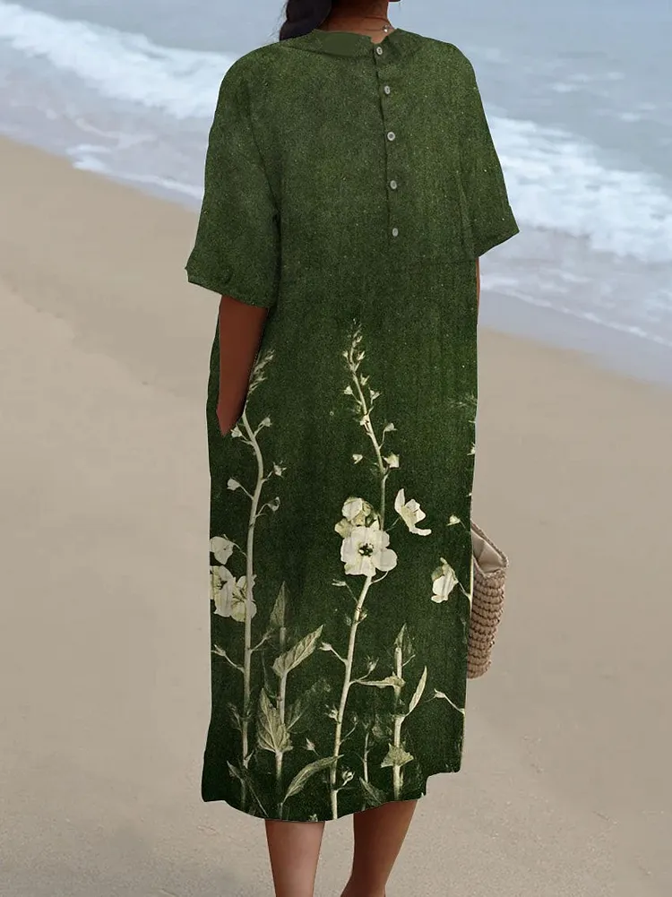 Women's Vintage Plant Print Pocket Cotton Dress
