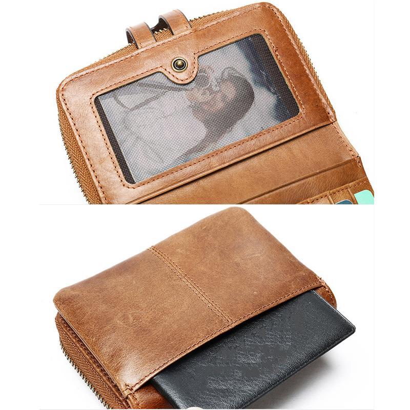 Genuine Leather Retro Multiple Compartment Card Slot Zip Closure Mini Wallet