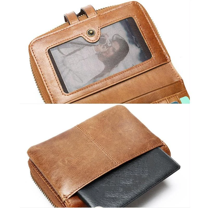 Genuine Leather Retro Multiple Compartment Card Slot Zip Closure Mini Wallet
