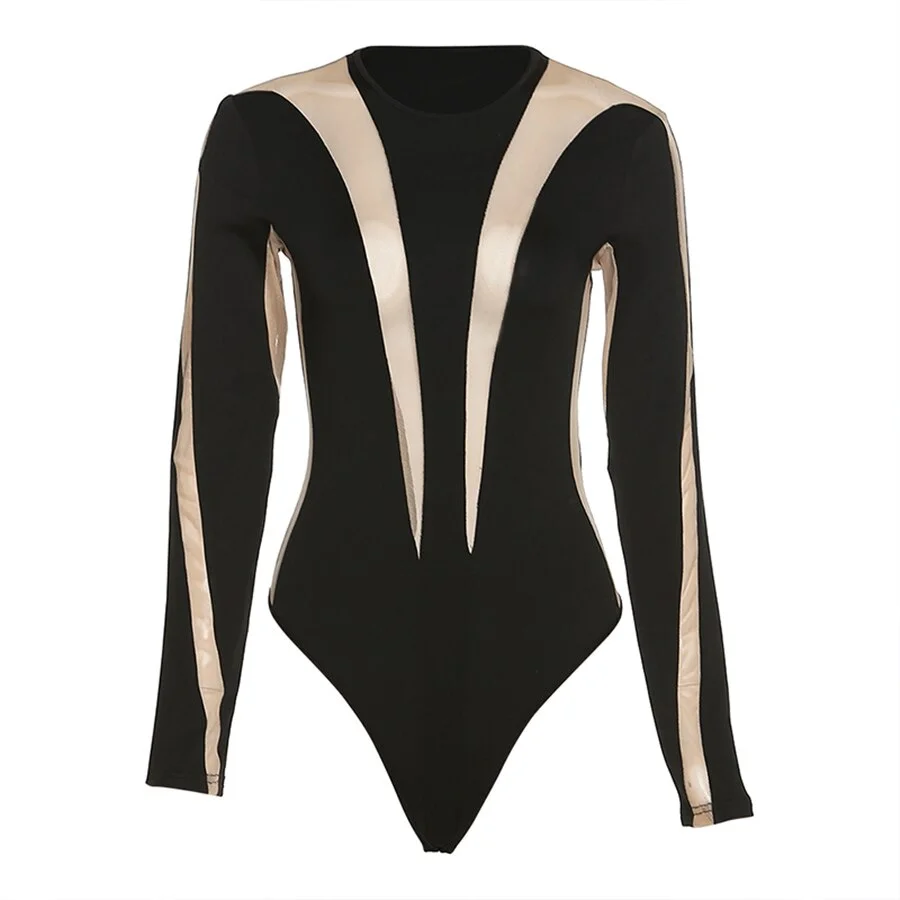 Nibber sexy European and American sexy mesh hollow solid color stitching tight-fitting long-sleeved one-piece  top women