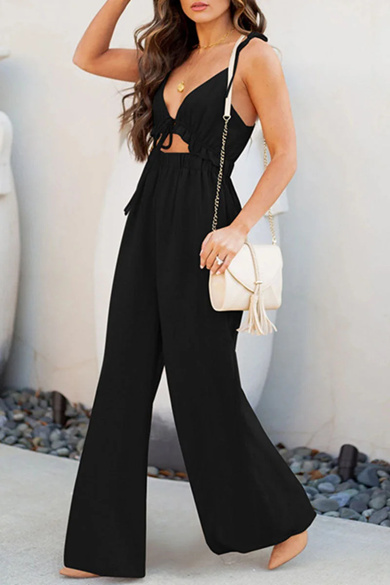 Fashion Casual Solid Hollowed Out Split Joint V Neck Loose Jumpsuits