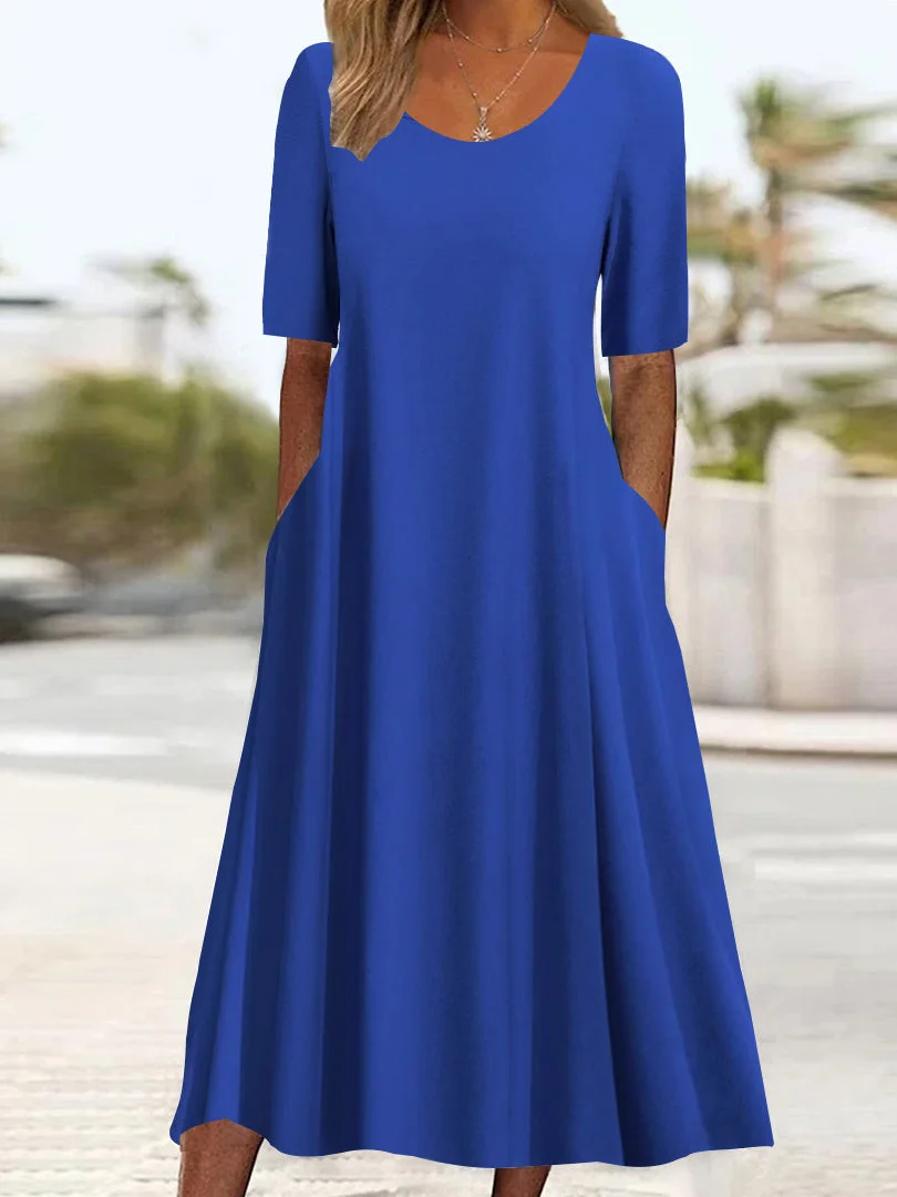 Women's Half Sleeve Scoop Neck Solid Color Pockets Midi Dress