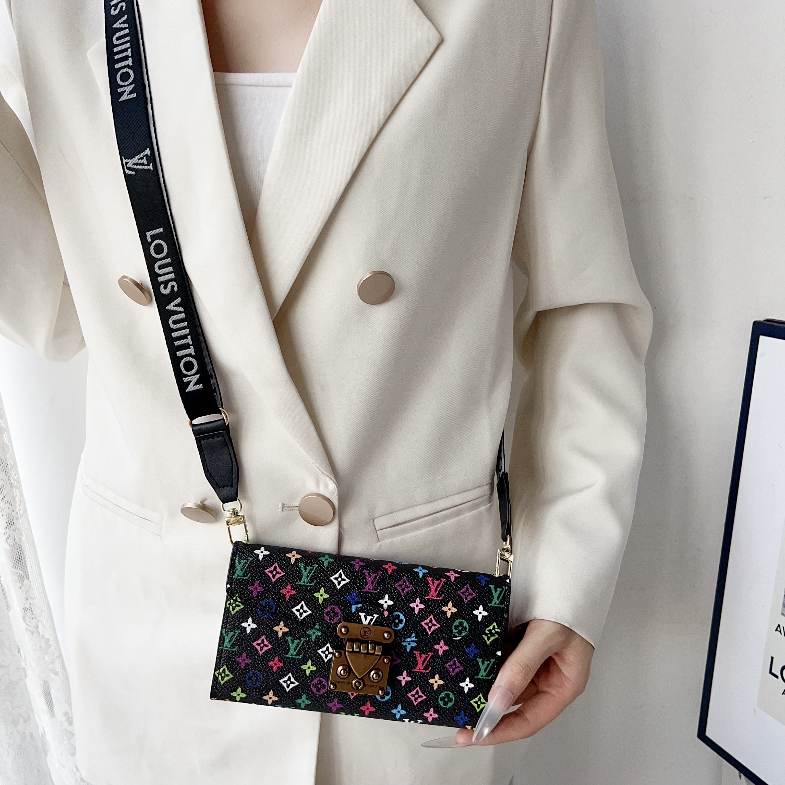 LV Designer Style Multicolor Monogram Crossbody Wallet Phone Case with Adjustable Woven Strap for iPhone & Samsung Galaxy