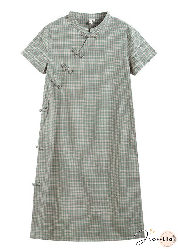 Retro Light Green Stand Collar Plaid Cotton Cheongsam Dress Short Sleeve