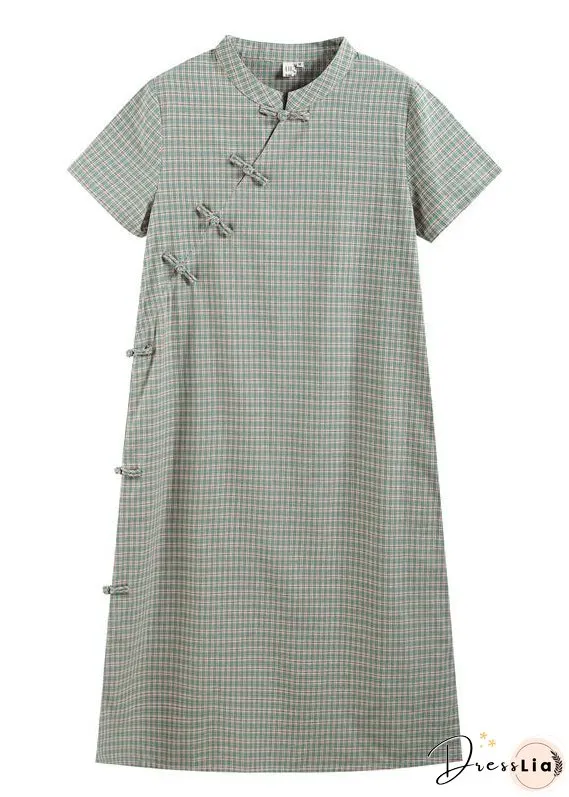 Retro Light Green Stand Collar Plaid Cotton Cheongsam Dress Short Sleeve