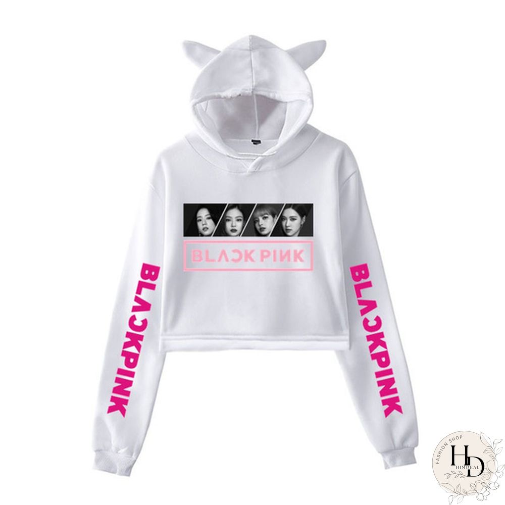 Women's Exposed Umbilical Short Sleeve Kpop Blackpink Lisa Jennie Rose Jisoo Print Hoodies Sweatshirt Cat Ear Crop Tops Pullover