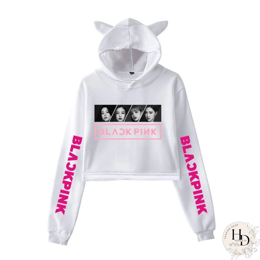 Women's Exposed Umbilical Short Sleeve Kpop Blackpink Lisa Jennie Rose Jisoo Print Hoodies Sweatshirt Cat Ear Crop Tops Pullover
