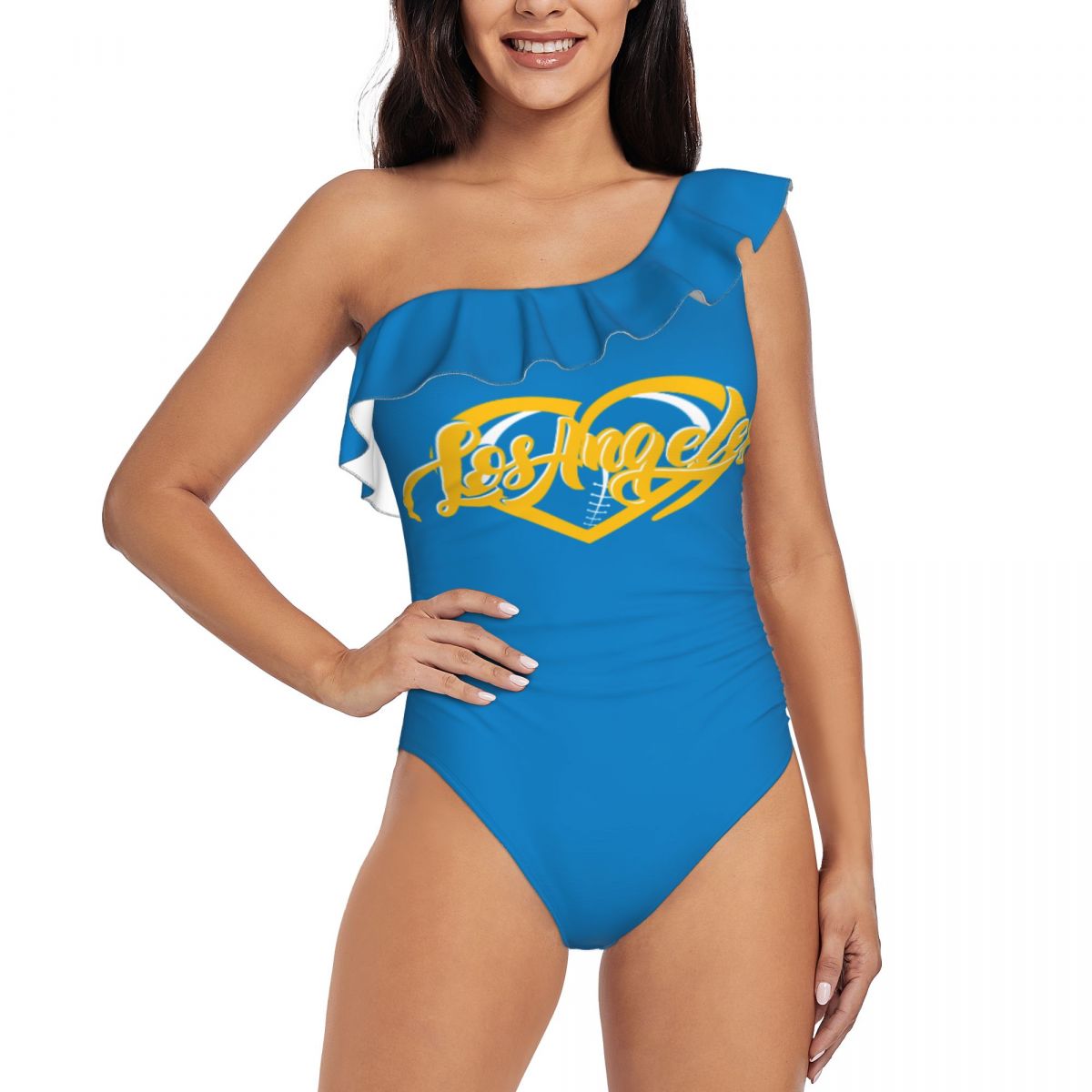 Los Angeles Chargers On Hearts Ball Tummy Control One Shoulder Swimsuits