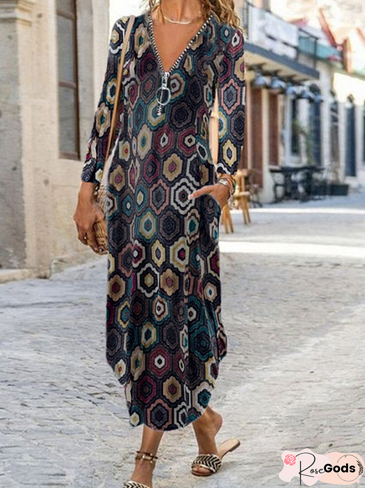 Fashion Geo Print Zipper V-Neck Maxi Dress Women