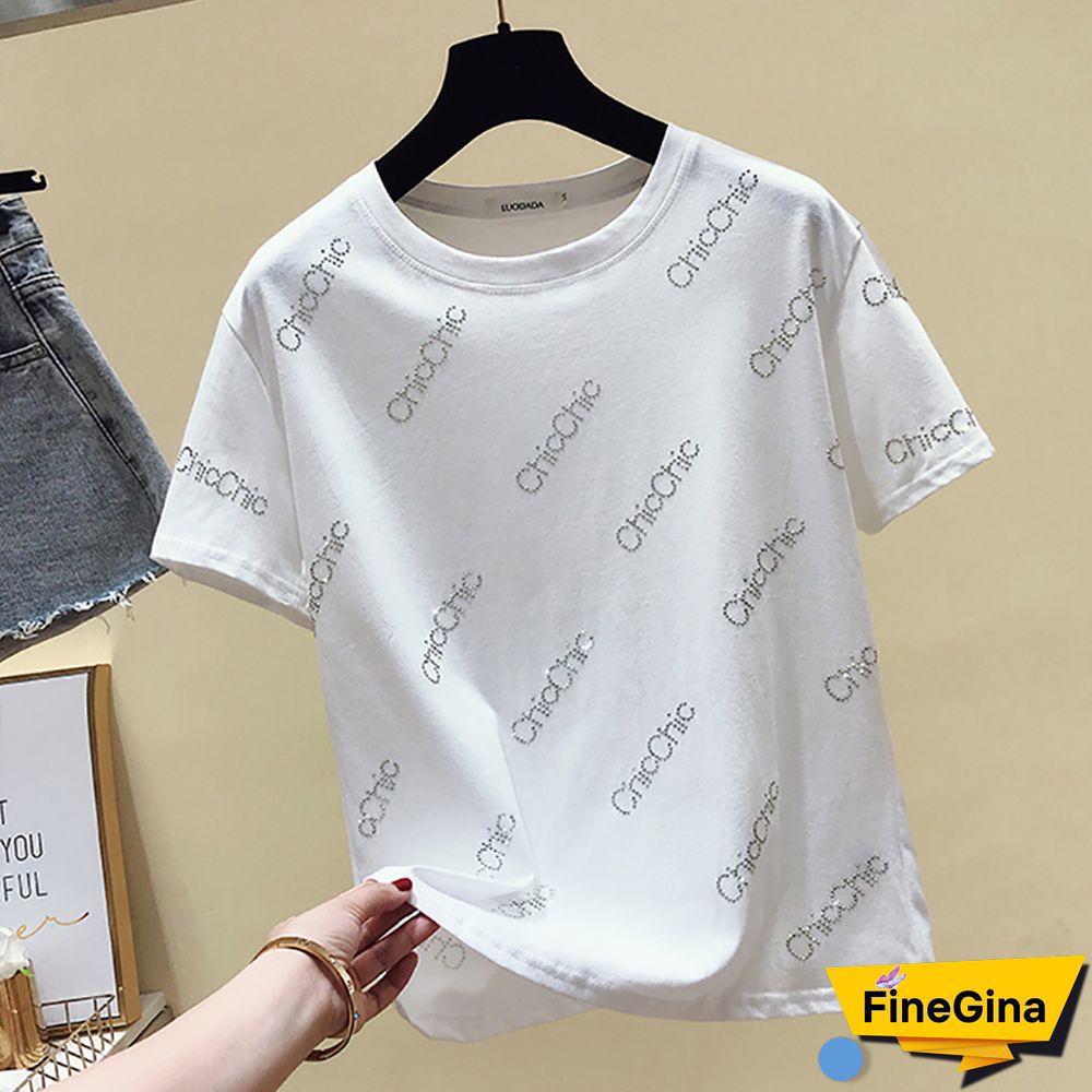 Diamonds T Shirt Letter T-Shirt Women Clothes Short Sleeve Summer Womens Tops Cotton Korean Fashion Tshirt Vetement Femme