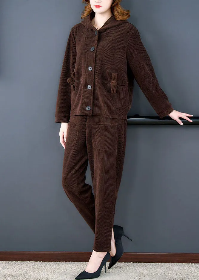 Coffee Thick Corduroy Coats And Harem Pants Two Pieces Set Hooded Winter