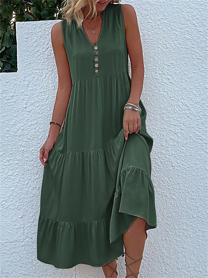 Women's Summer Vest Dress Sleeveless Loose Casual Solid Colour Dress V Neck A-line Dress