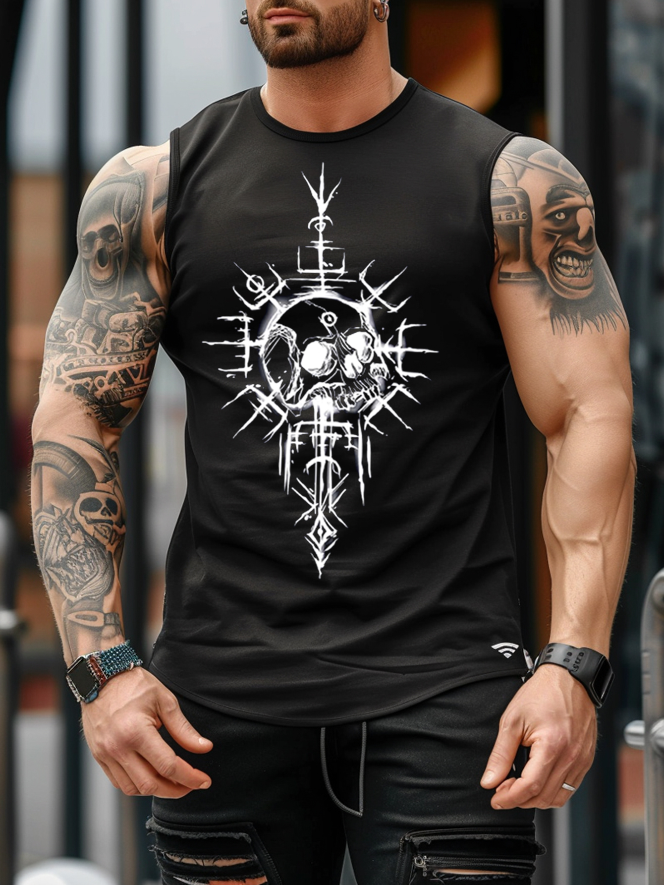 Viking Skull Print Casual Sleeveless Tee / Rvogue / Rvogue