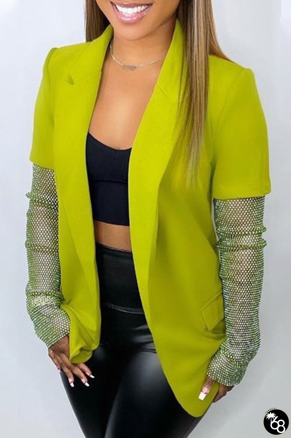 Fluorescent Green Casual Solid Mesh Turn-back Collar Outerwear | 168DEAL