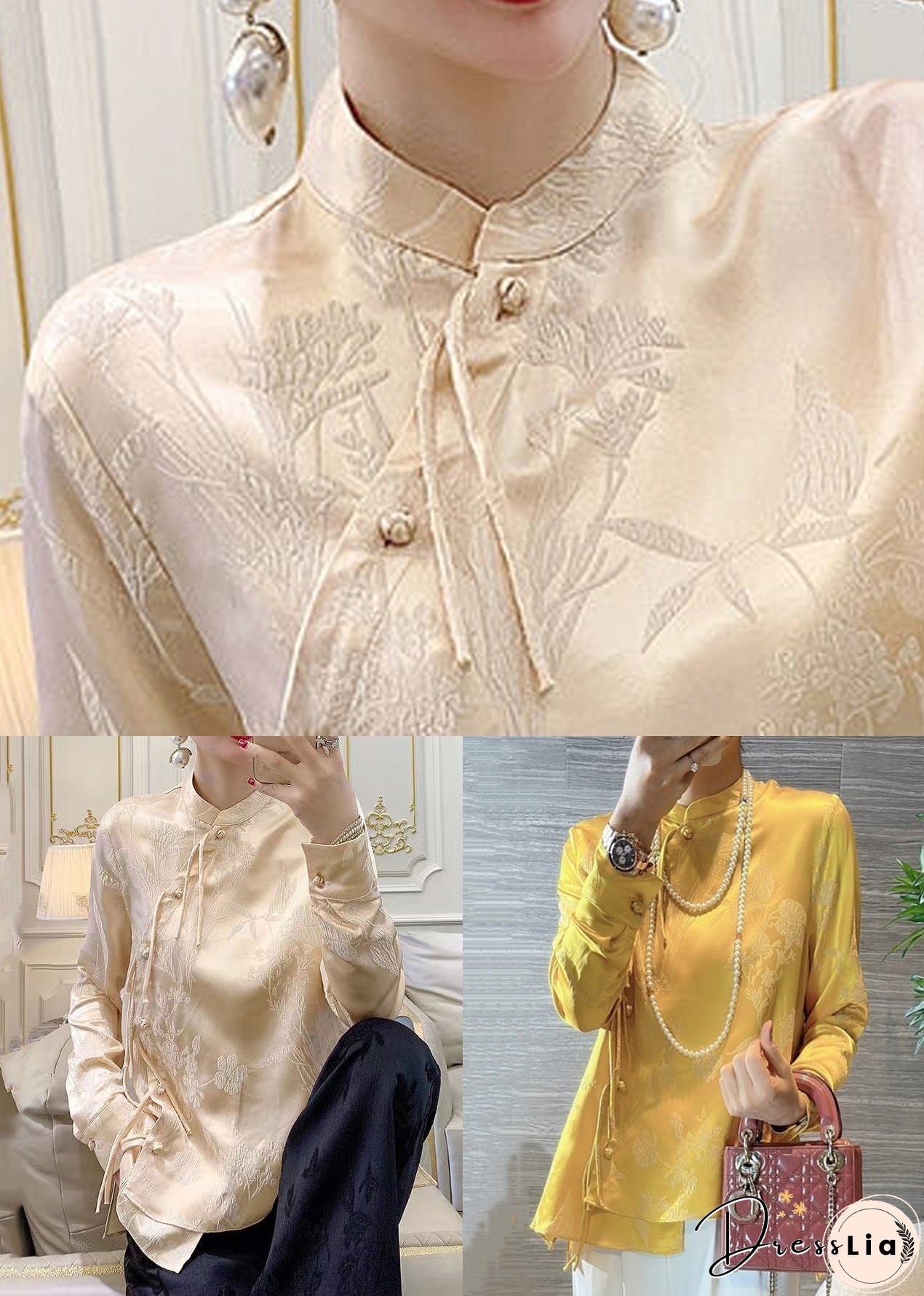 New Yellow Chinese Button Print Silk Blouses Spring