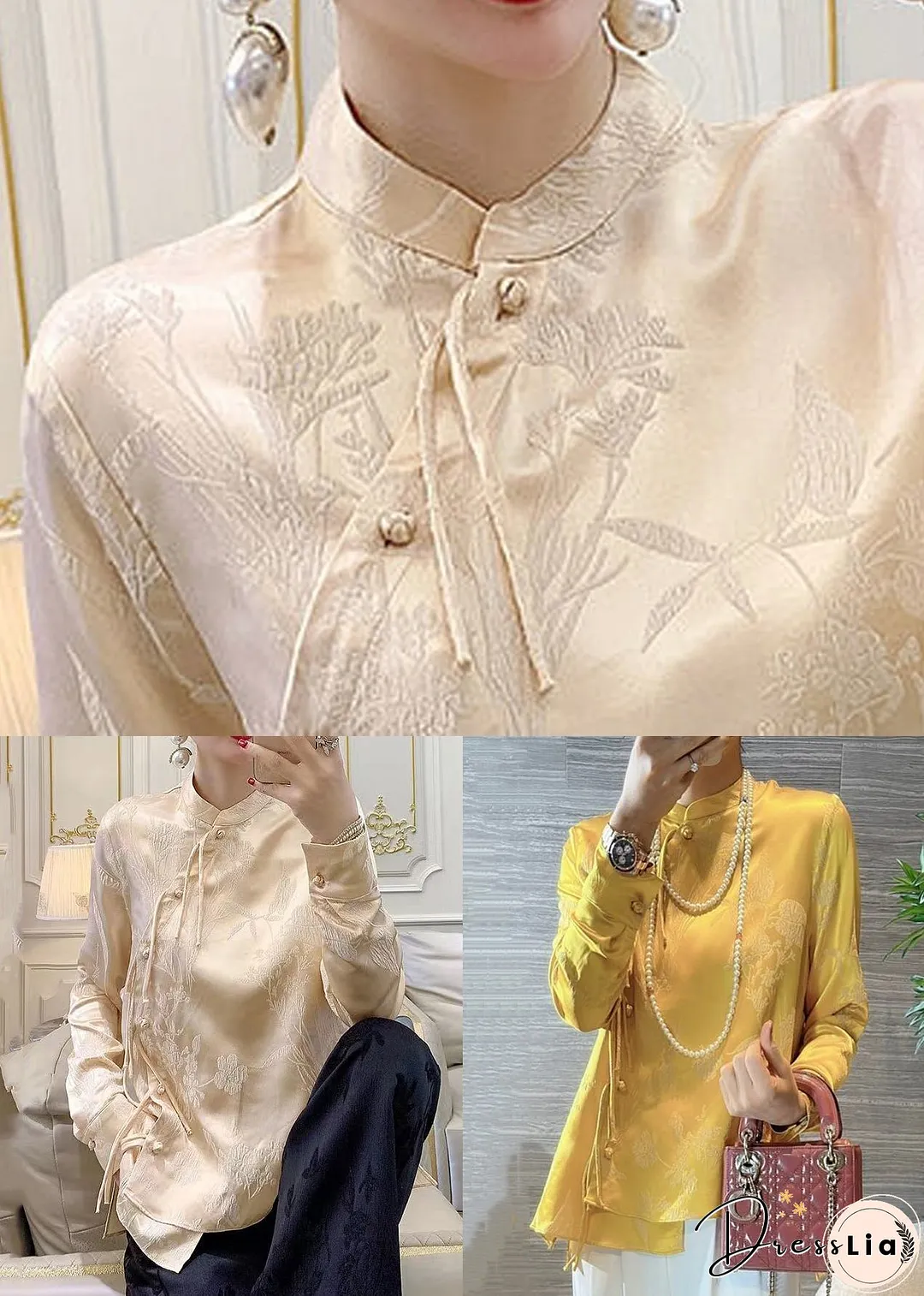 New Yellow Chinese Button Print Silk Blouses Spring