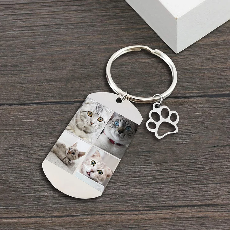 Personalized 4 Photos Keychain with Paw Charm Dog Tag Keychain
