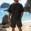 Men's Casual Waffle-Knit Crew Neck T-Shirt And Shorts Set by Inlyline