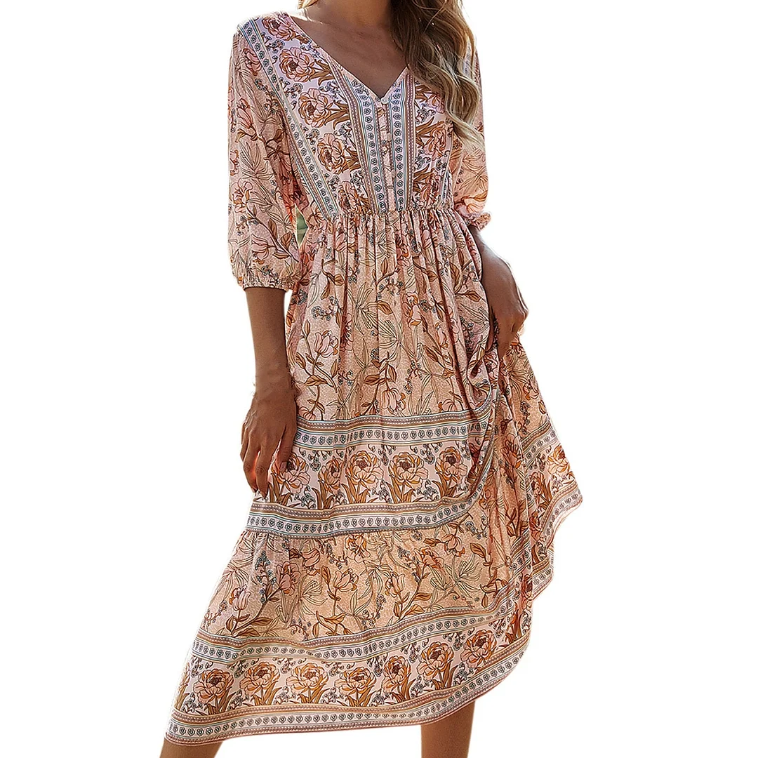 Women Summer Maxi Dress Boho Flowers Print Button Down Flare Sleeve Loose Dress Casual Dresses Woman Party Night Beach Dresses