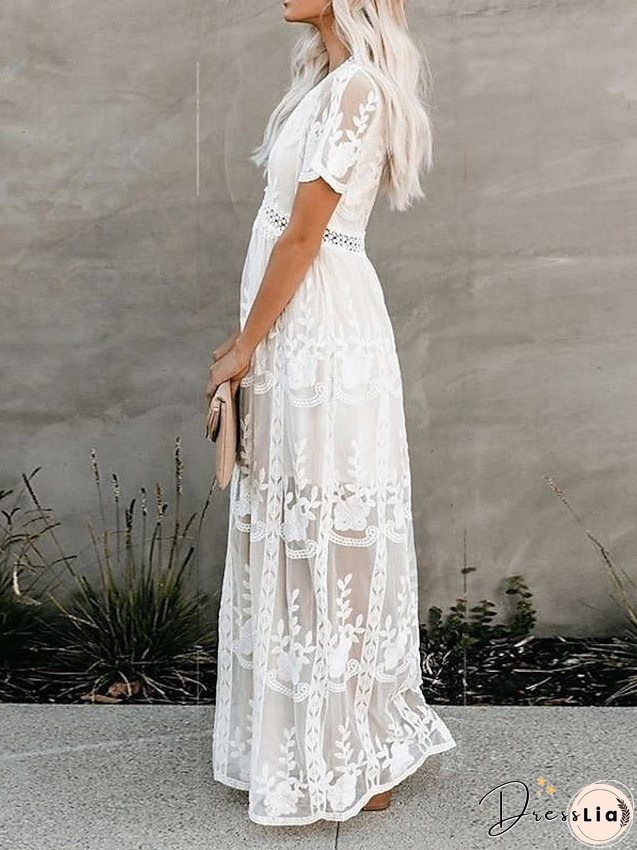 Women's Dress - Party Dress Lace Dress Sheath Dress Long Dress Maxi Dress White Short Sleeve Pure Color Fall Spring Summer Deep V S M L XL XXL
