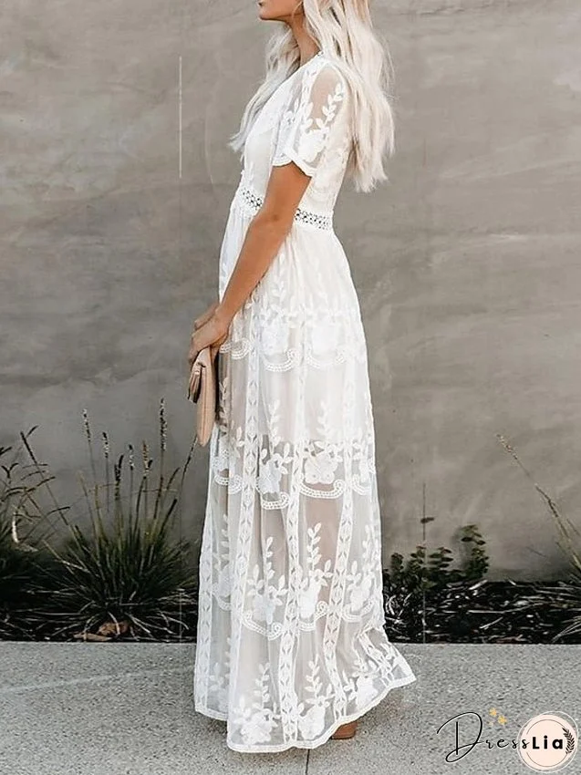 Women's Dress - Party Dress Lace Dress Sheath Dress Long Dress Maxi Dress White Short Sleeve Pure Color Fall Spring Summer Deep V S M L XL XXL