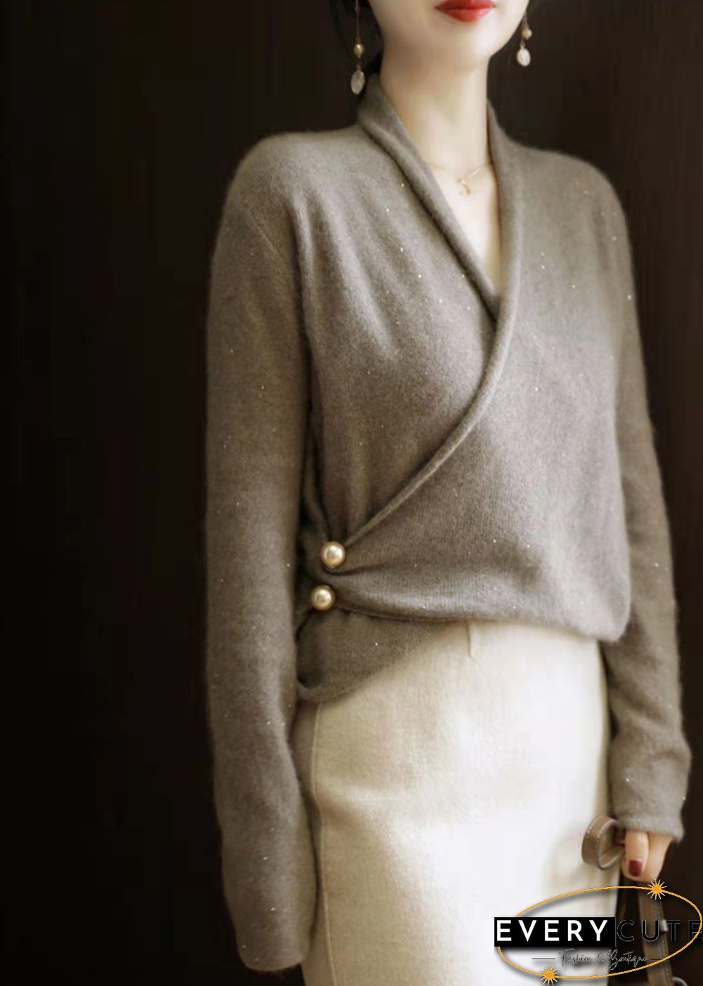 Modern Chocolate V Neck thick Cashmere Knitted Sweater Tops Long Sleeve