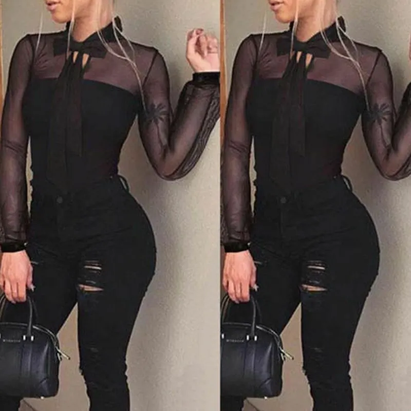 Mesh Bodysuits Long Sleeve Elegant O Neck Solid Lace Up Slim Skinny Ladies Sexy Club Party  Fashion Leotard Rompers womens tops