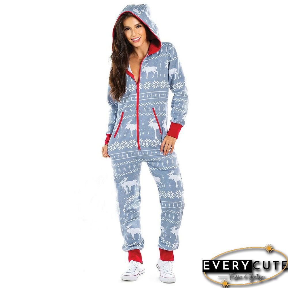 Light Grey Deer Print Zipper Up Hooded Loungewear Jumpsuit