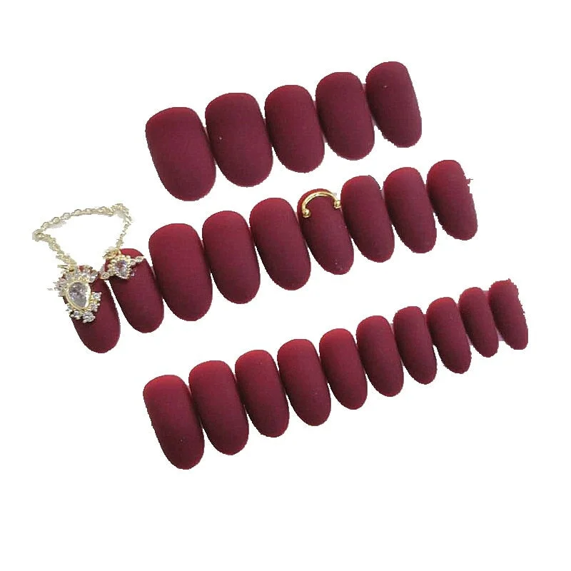 24pcs Burgundy Scrub Long Wear Nail Tips Artificial Diamond Chain Decoration False Nails French Press On Fake Nails Manicure