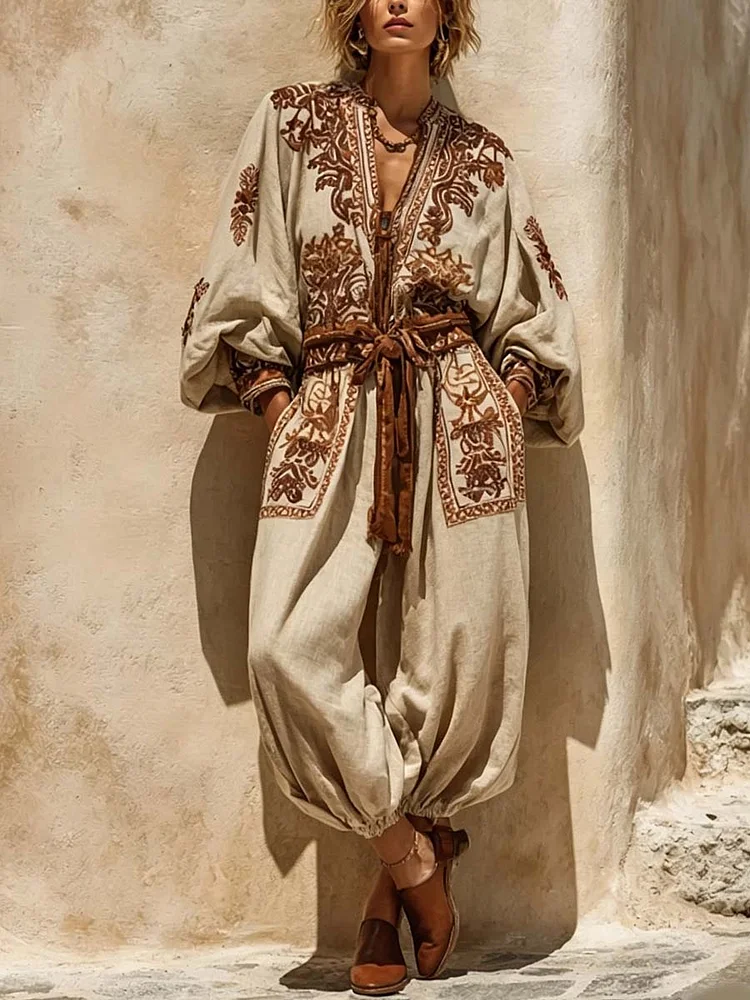 Women's Vintage Art Print V-neck Long Sleeve Cotton Linen Jumpsuit