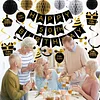 Birthday Decorations, Happy Birthday Banner with Honeycomb Ball, Gift Hanging Swirl Streamer, Circle Dot Garland - Happy Birthday Party Decorations for Men Women Boys Girls (Black & Gold, 50th)